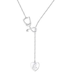 925 Sterling Silver Alphabet Initial Letter Medical Stethoscope Heart Lariat Necklace for Women Doctor Nurse Jewelry