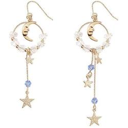 Asymmetrical Star Moon Tassel Drop Dangle Earrings Long Lucky Star Planet Cubic Zirconia Earrings for Women Girls
