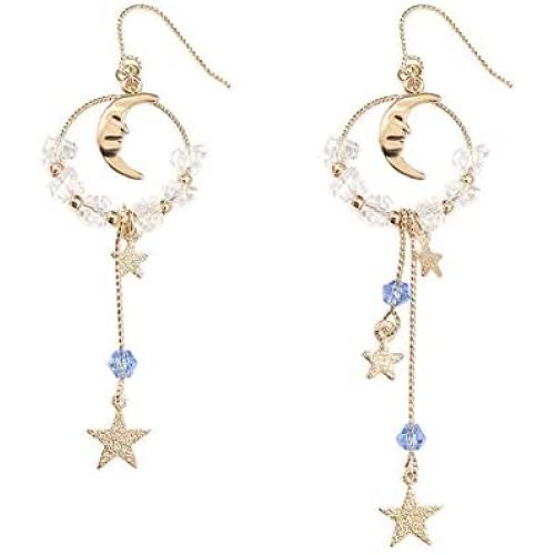Asymmetrical Star Moon Tassel Drop Dangle Earrings Long Lucky Star Planet Cubic Zirconia Earrings for Women Girls