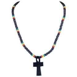 BlueRica Wood Ankh Cross of Life Pendant on Rasta Coconut Beads Necklace