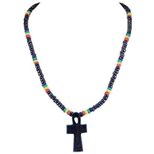BlueRica Wood Ankh Cross of Life Pendant on Rasta Coconut Beads Necklace