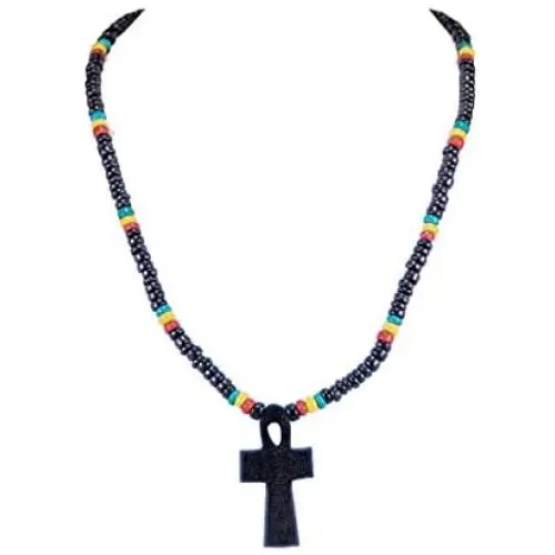 BlueRica Wood Ankh Cross of Life Pendant on Rasta Coconut Beads Necklace BlueRica Wood Ankh Cross of Life Pendant on Rasta Coconut Beads Necklace