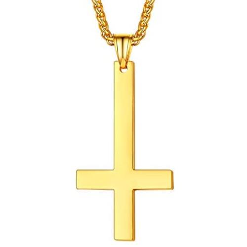 U7 Jewelry Polished Stainless Steel Inverted Cross of Peter Necklace for Men and Women, 22 Inch Chain, Custom Text Engrave and 3 Color Available, Gift Packed