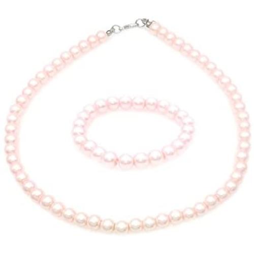 JSEA 8mm Faux Pearl Necklace Elastic Bracelet Jewelry Set Beige White Pink Fake Pearl Jewelry