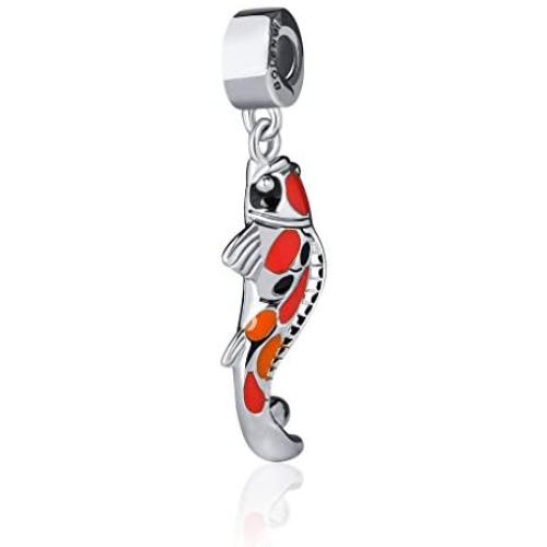 Bolenvi Koi Fish Orange Goldfish 925 Sterling Silver Clip-On Dangle Pendant X Charm Bead for Pandora & Similar Charm Bracelets or Necklaces