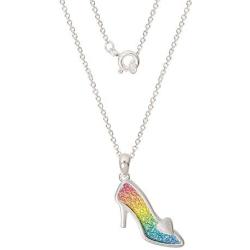 Disney Princess Cinderella Jewelry for Women, Rainbow Glitter Silver Plated Slipper Pendant Necklace