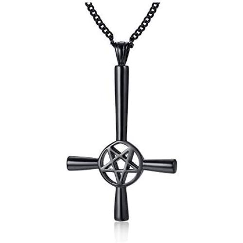 VNOX Religious Satanism Satanic Upside Down Inverted Cross Pentacle Pentagram Pendant Necklace,Wiccan Jewelry