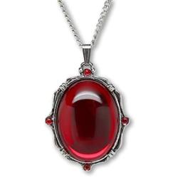 Blood Red Oval Stone In Silver Finish Pewter Frame Pendant Necklace