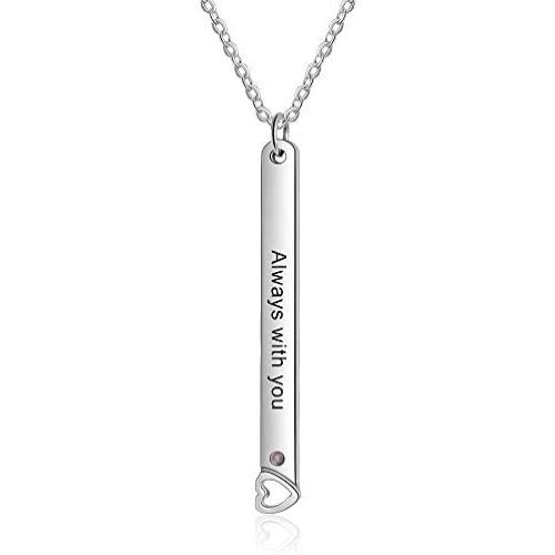 Personalized Vertical Bar Necklace with Simulated Birthstones Custom Made with Any Name Stainless Steel Heart Pendant