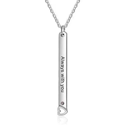 Personalized Vertical Bar Necklace with Simulated Birthstones Custom Made with Any Name Stainless Steel Heart Pendant