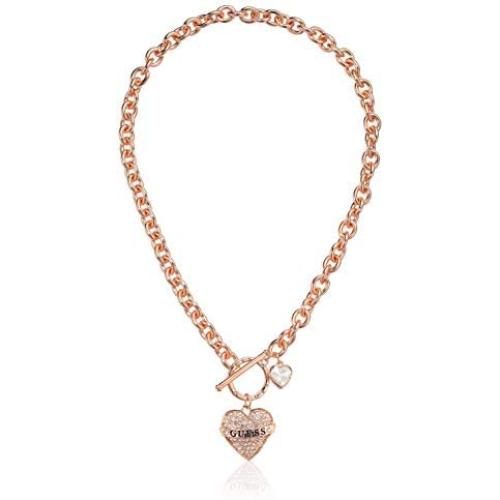 GUESS Womens Pave Heart with Logo Banner Pendant Toggle Necklace