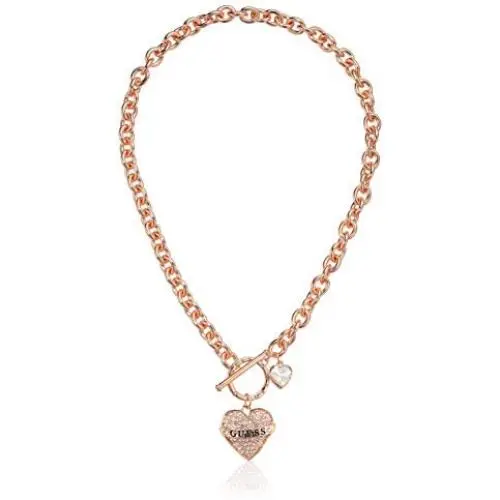GUESS Womens Pave Heart with Logo Banner Pendant Toggle Necklace