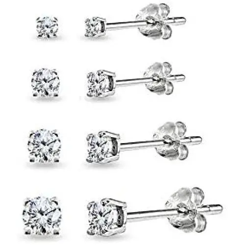 4 Pair Set Sterling Silver Cubic Zirconia Round Stud Earrings, 2mm 3mm 4mm 5mm 4 Pair Set Sterling Silver Cubic Zirconia Round Stud Earrings, 2mm 3mm 4mm 5mm