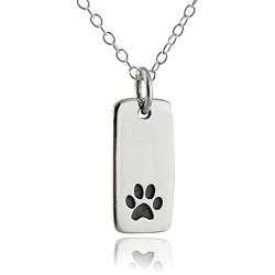 FashionJunkie4Life Sterling Silver Paw Print on Rectangle Charm Necklace, 18'' Chain, Dog Cat Pet Jewelry
