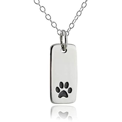 FashionJunkie4Life Sterling Silver Paw Print on Rectangle Charm Necklace, 18'' Chain, Dog Cat Pet Jewelry
