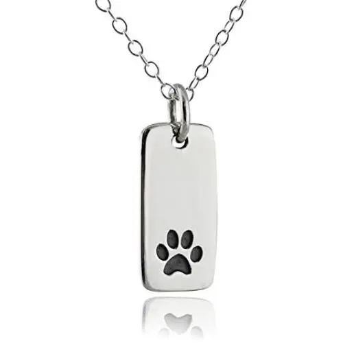 FashionJunkie4Life Sterling Silver Paw Print on Rectangle Charm Necklace, 18'' Chain, Dog Cat Pet Jewelry