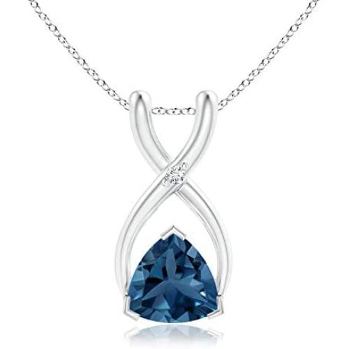 December Birthstone - Trillion London Blue Topaz Wishbone Pendant Necklace with Diamond in Silver (5mm London Blue Topaz)