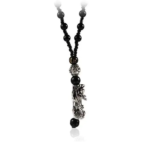 COLORFUL BLING Black Beads Obisidian Pi Xiu Pi Yao Pendant Necklace Hand Carved Mantra Attract Prosperity Wealth Amulet Necklace Protection Feng Shui Jewelry COLORFUL BLING Black Beads Obisidian Pi Xiu Pi Yao Pendant Necklace Hand Carved Mantra Attract Prosperity Wealth Amulet Necklace Protection Feng Shui Jewelry
