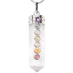 CHARGED 7 Chakra Natural Himalayan Gemstone Crystal Perfect Pendant + 20'' Silver Chain + Selenite Charging Heart [Included]