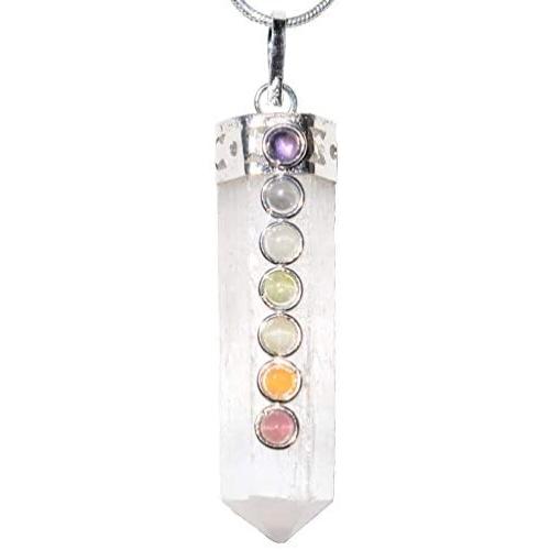 CHARGED 7 Chakra Natural Himalayan Gemstone Crystal Perfect Pendant + 20'' Silver Chain + Selenite Charging Heart [Included]