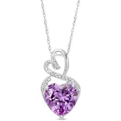 Lab-Created Gemstone Birthstone Heart and Diamond Accent Necklace Pendant Charm in 10k White Gold or 10k Yellow Gold plated or 925 Sterling Sliver with 18” Chain (Choose your Birthstone)