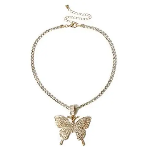 COLORFUL BLING Tennis Link Chain Butterfly Necklace Iced Out Zirconia Butterfly Pendant Hip Hop Choker Necklace for Women Girls
