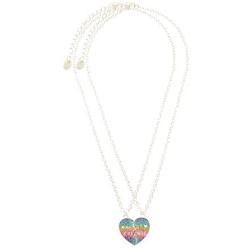 Claires Matching Rainbow Heart Glitter Pendant Best Friends Necklaces, Silver Tone with Rainbow, 16 Inches Long, Lobster Clasp, Set of 2