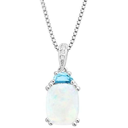 2 1/6 ct Natural Opal & Swiss Blue Topaz Pendant with Diamonds in Sterling Silver, 18''