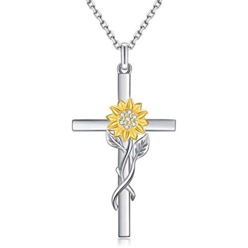 DIOFRG Sunflower Cross Necklace Sterling Silver Dainty Sunshine Pendant for Women Mom Christmas Valentines Day Anniversary Wife Friend Flower Teen Girl Gifts Jewelry