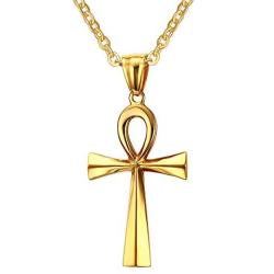 BEANS Stainless Steel Coptic Ankh Cross Religious Pendant Necklace for Men Women, 20-24 Chain