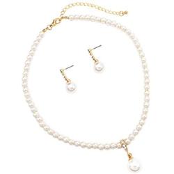 Rosemarie & Jubalee Womens Single Strand Classic Cream 6mm Simulated Pearl Necklace 14mm Dangle Charm and Earrings Jewelry Set