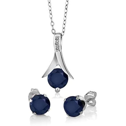 Gem Stone King 925 Sterling Silver Blue Sapphire & White Diamond Pendant Earrings Set, 3.05 Ct Round with 18 Inch Silver Chain
