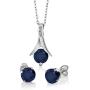 Gem Stone King 925 Sterling Silver Blue Sapphire & White Diamond Pendant Earrings Set, 3.05 Ct Round with 18 Inch Silver Chain
