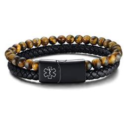 VNOX Custom Engraving Medical Alert ID Two-Strand Braided Leather Cuff Wristband Rope Bracelet with Magnetic Clasp for Men Boys