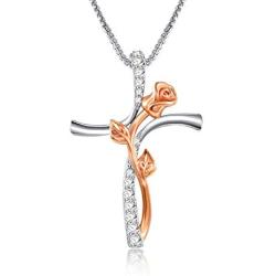 Rose Gold Cross Pendant Necklace for Women Girls - 3D Rose Flower Necklaces Jewelry for Mom Girlfriend Wife Sisters for Her Birthday Christmas Mothers Day Gifts