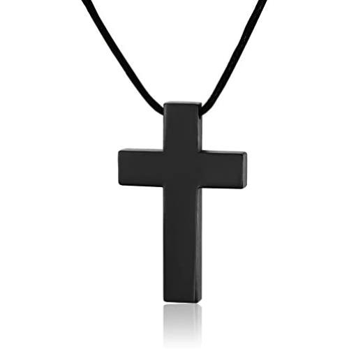 Mealguet Jewelry Stainless Steel Simple Thick Polished Cross Pendant Necklace with Black Leather Cord, Black