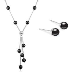 Crystalline Azuria Black Crystal Simulated Pearls Set Strand Necklace 18'' Stud Earrings 18 ct White Gold Plated for Women