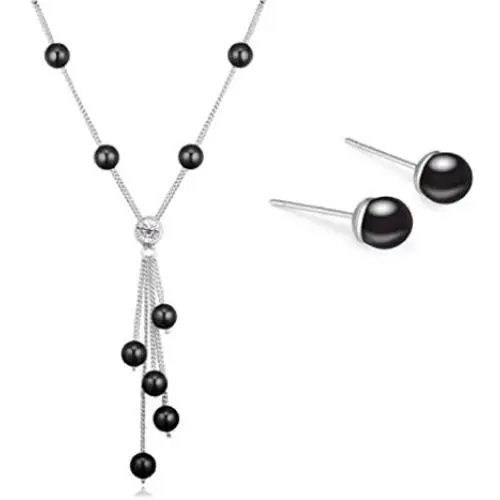 Crystalline Azuria Black Crystal Simulated Pearls Set Strand Necklace 18'' Stud Earrings 18 ct White Gold Plated for Women Crystalline Azuria Black Crystal Simulated Pearls Set Strand Necklace 18'' Stud Earrings 18 ct White Gold Plated for Women
