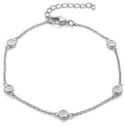 FANCIME White/Rose/Yellow Gold Plated 925 Sterling Silver Round CZ Cubic Zirconia Petite Station Simple Dainty Chain Bracelet for Women Girls, Length 7+1.2''