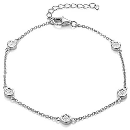 FANCIME White/Rose/Yellow Gold Plated 925 Sterling Silver Round CZ Cubic Zirconia Petite Station Simple Dainty Chain Bracelet for Women Girls, Length 7+1.2''