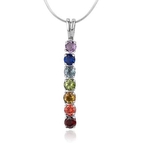 925 Sterling Silver Seven (7) Chakra CZ Stone Drop Dangling Pendant Necklace 18''