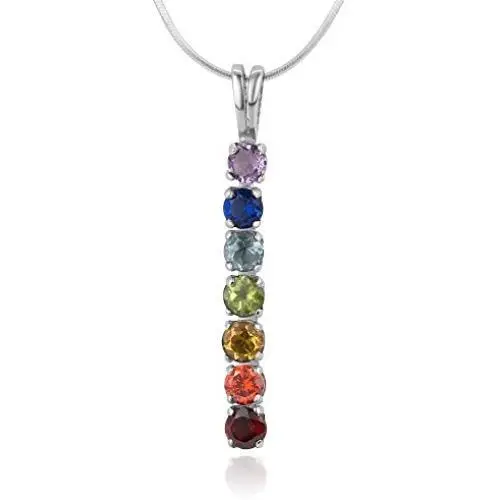 925 Sterling Silver Seven (7) Chakra CZ Stone Drop Dangling Pendant Necklace 18''
