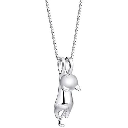 Meiniya S925 Sterling Silver Cat Necklace Matte Silver Cat Pendant Collarbone Necklace Women Charm Jewelry