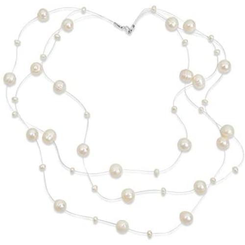 Shades of Grey Blue White Pink Multi Strand Fishing Line Freshwater Cultured Pearl Illusion Necklace For Women Wedding Bridesmaid Formal Party