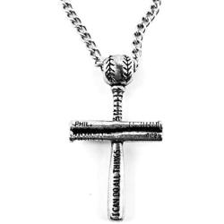Baseball Bat and Ball Cross Necklace Antique Silver On Stainless Steel Chain Made in USA