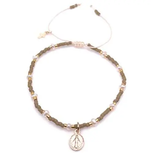 LESLIE BOULES Gold Plated Miraculous Tiny Medal Bracelet Miyuki Olive Green Seed Beads Handmade Jewelry LESLIE BOULES Gold Plated Miraculous Tiny Medal Bracelet Miyuki Olive Green Seed Beads Handmade Jewelry