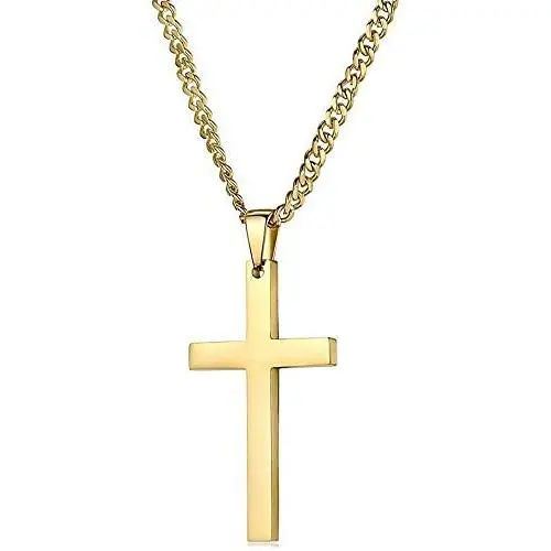 14K Gold Cuban link Chain Cross Flat Pendant Necklace Solid Clasp for Men, Teen Boys. PLated Thin for Charms Miami Cuban Link Diamond Cut Fashion jewelry