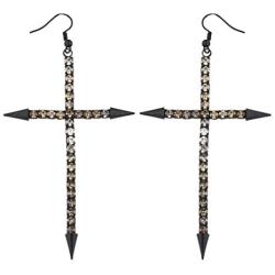 LUX ACCESSORIES Edgy Jet Black and Champagne Rhinestone Large Cross Earrings