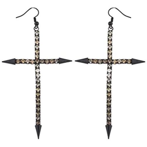 LUX ACCESSORIES Edgy Jet Black and Champagne Rhinestone Large Cross Earrings