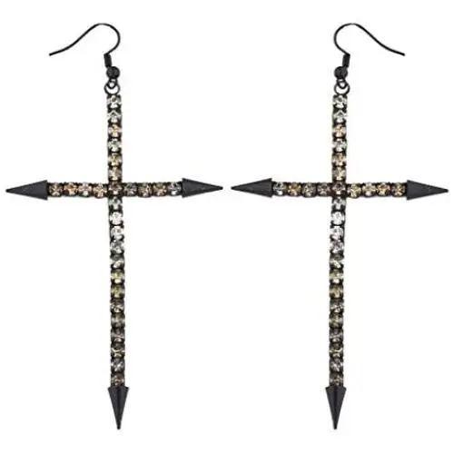 LUX ACCESSORIES Edgy Jet Black and Champagne Rhinestone Large Cross Earrings